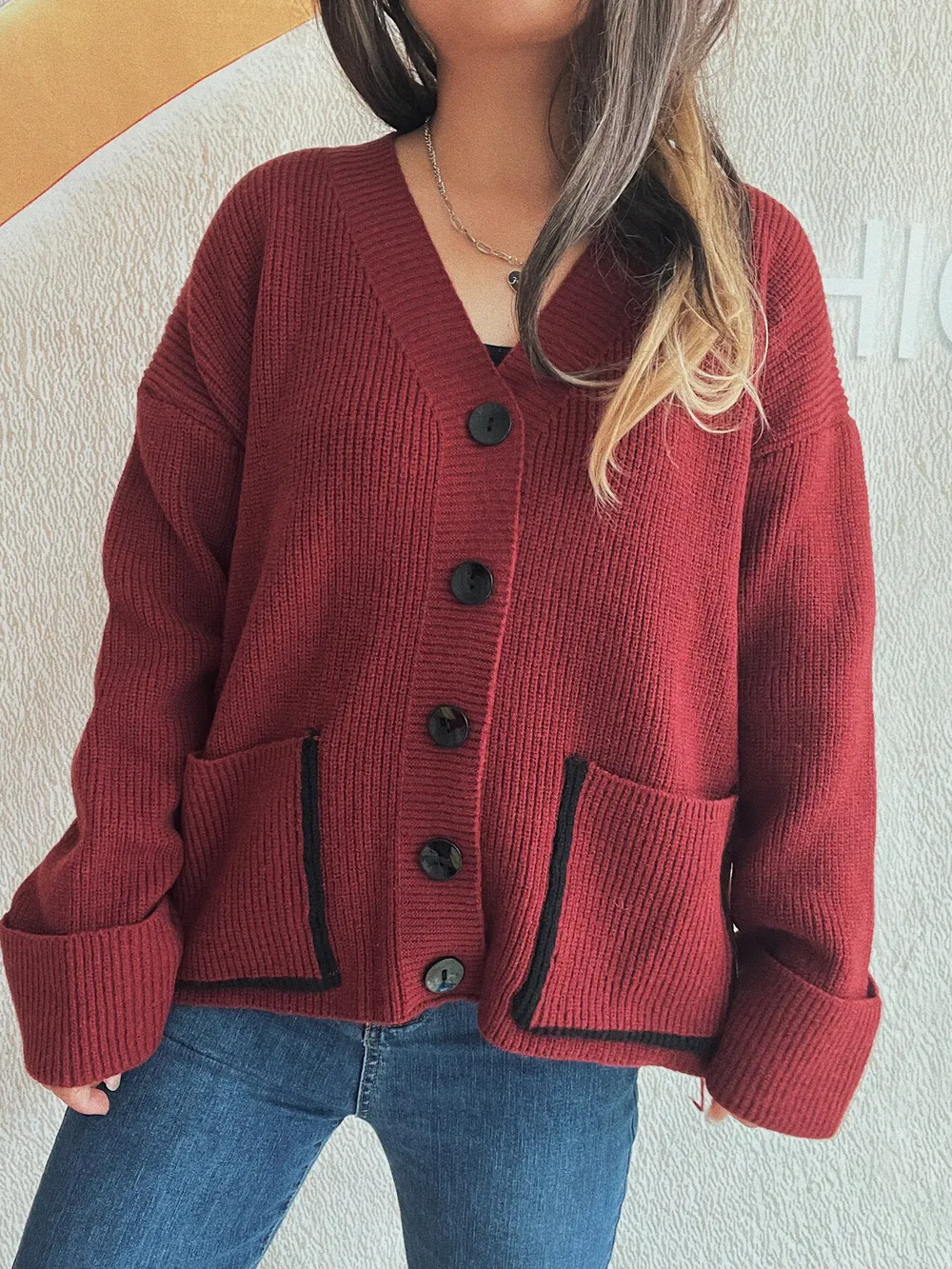 Button-Front Ribbed Cardigan with V-Neck, image 13