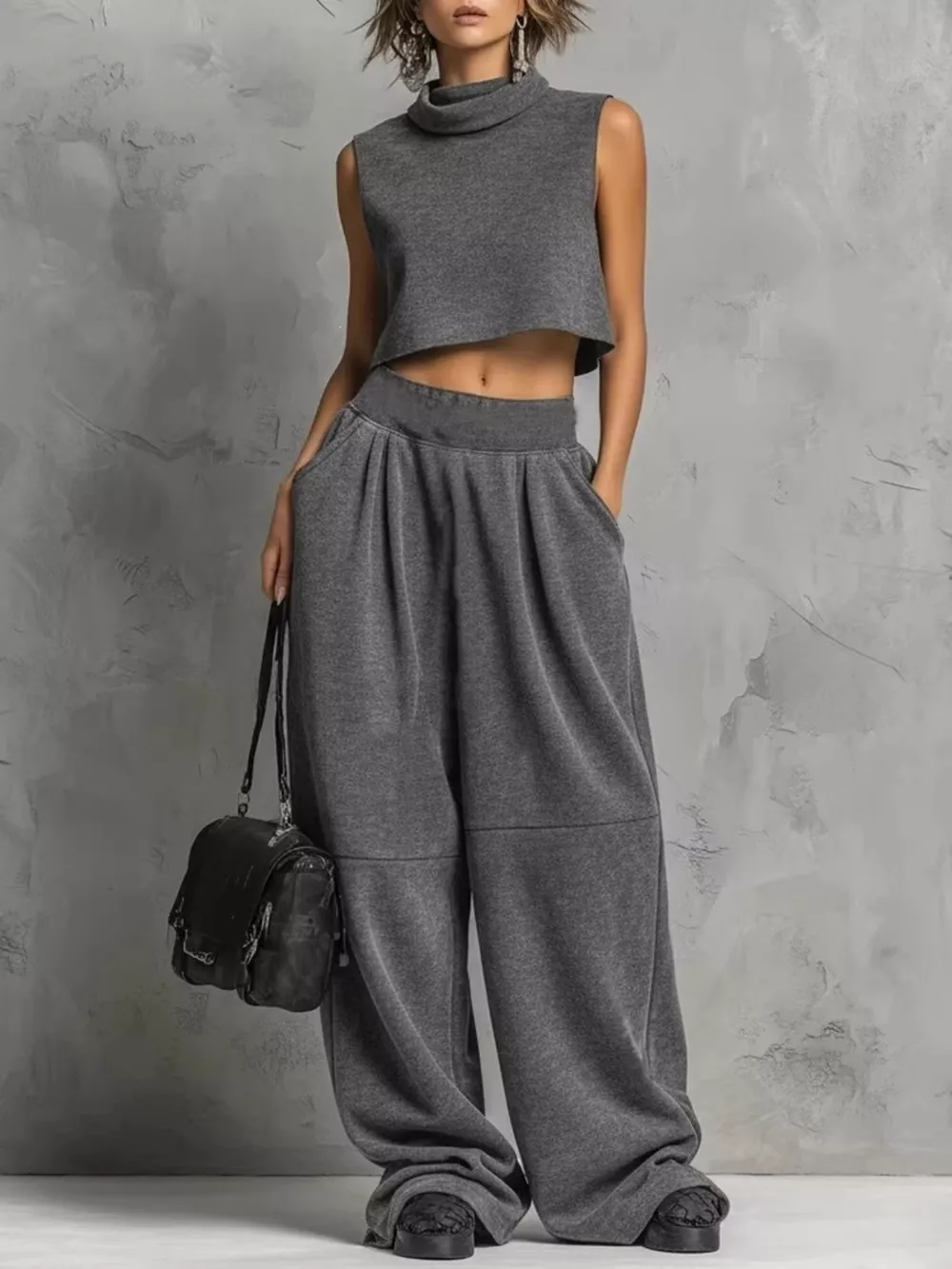 Sleeveless Mock Neck Crop Top and Wide-Leg Sweatpants Set, image 2