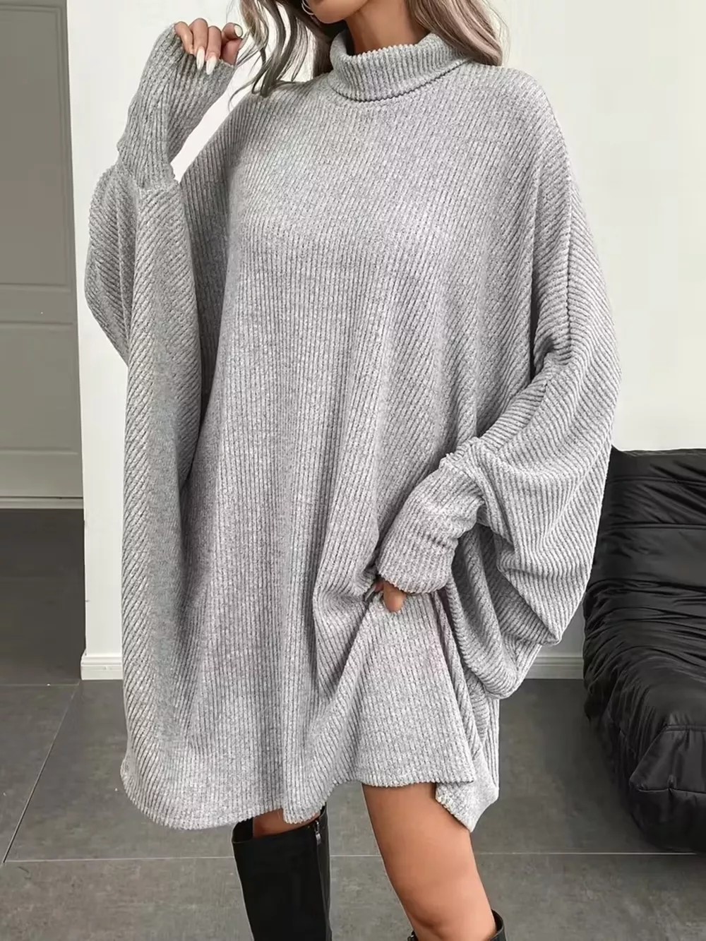 Oversized Batwing Sleeve Ribbed Knit Turtleneck Dress, image 4