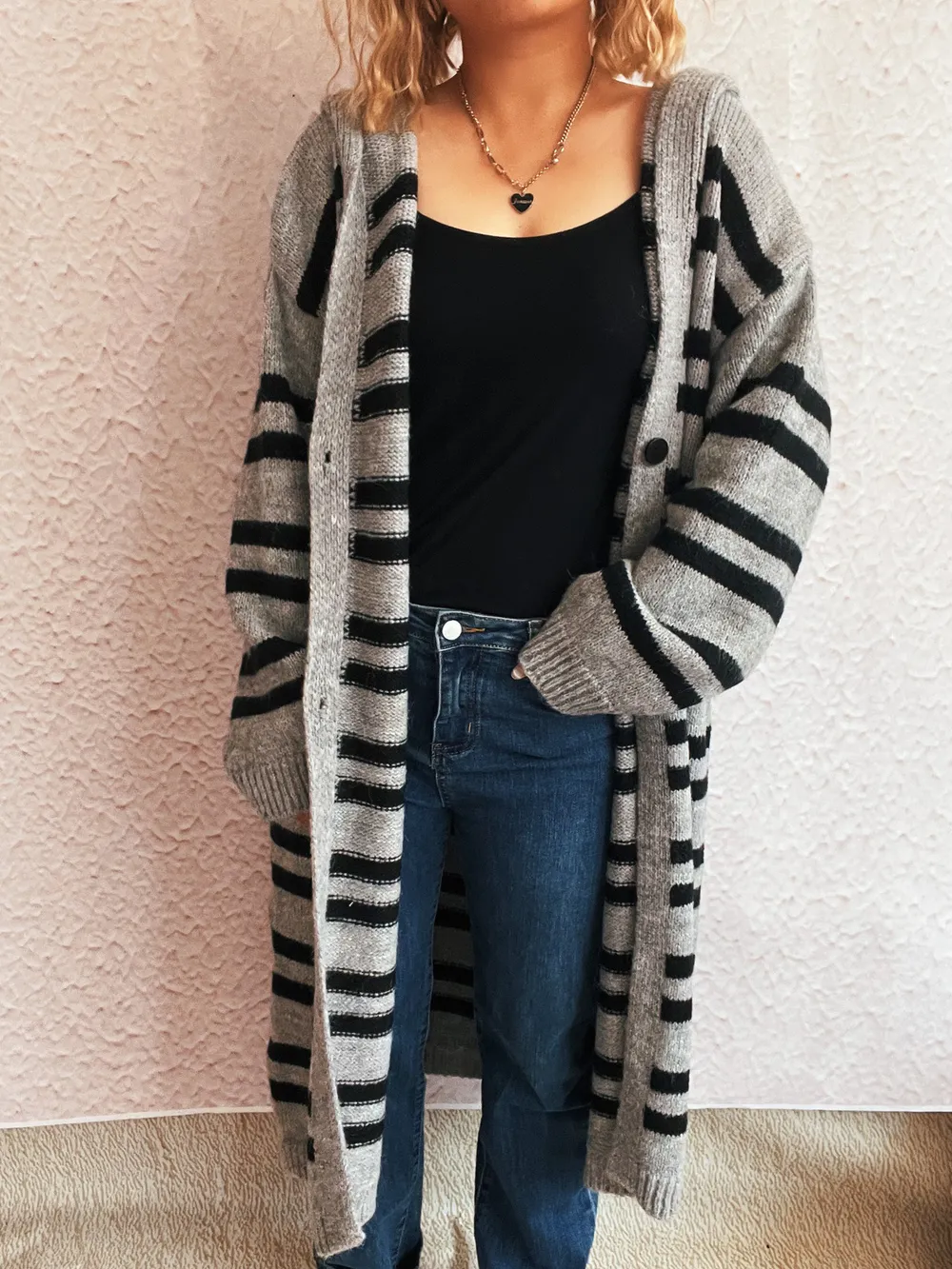 Striped Open Front Hooded Cardigan, image 12