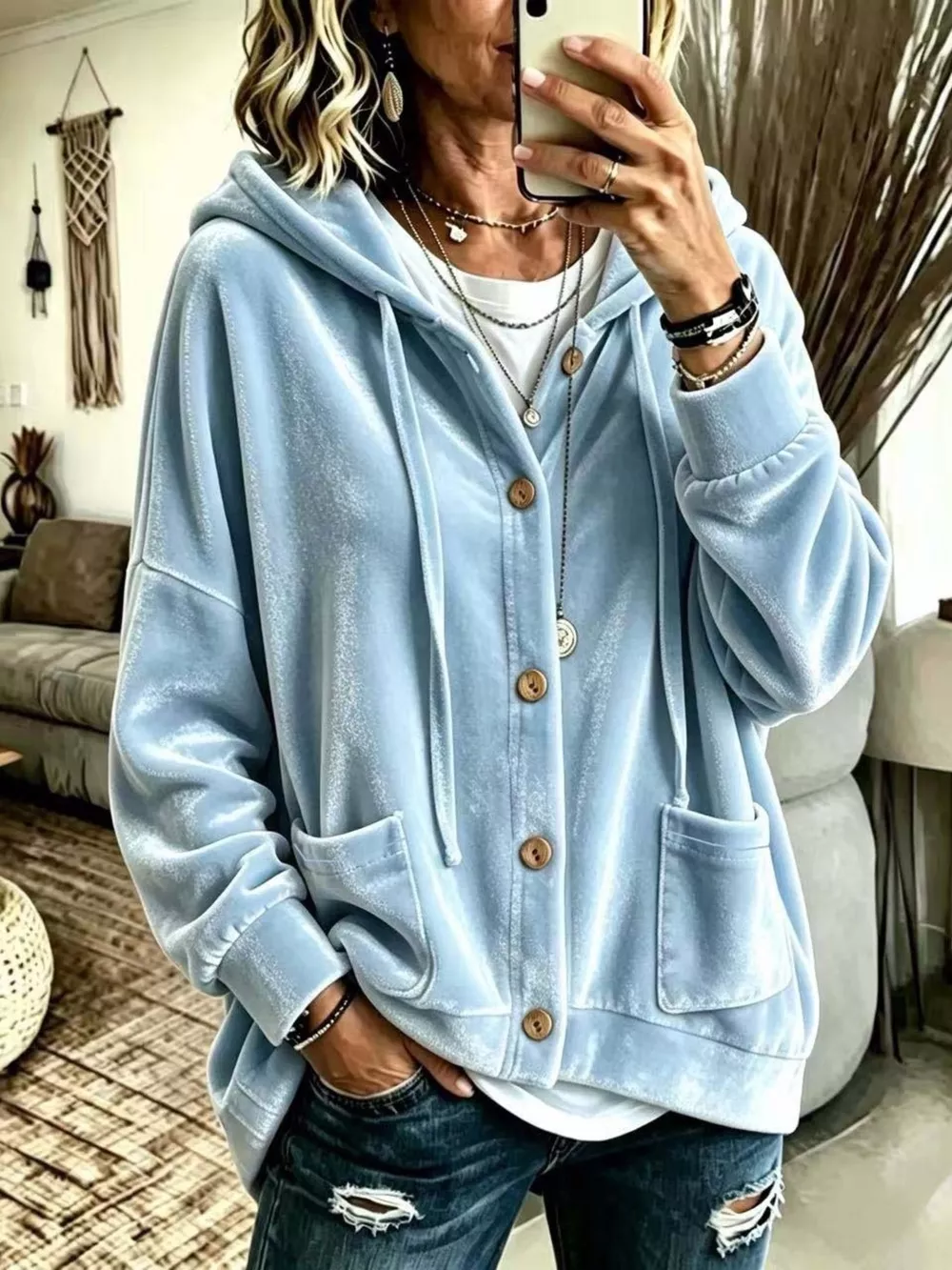Full Size Casual Button-Down Hooded Outerwear Plus Size, image 5