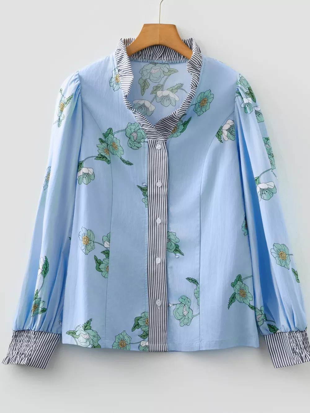 Floral Print Contrast Striped Trim Ruffled V Neck Fall Blouse, image 3