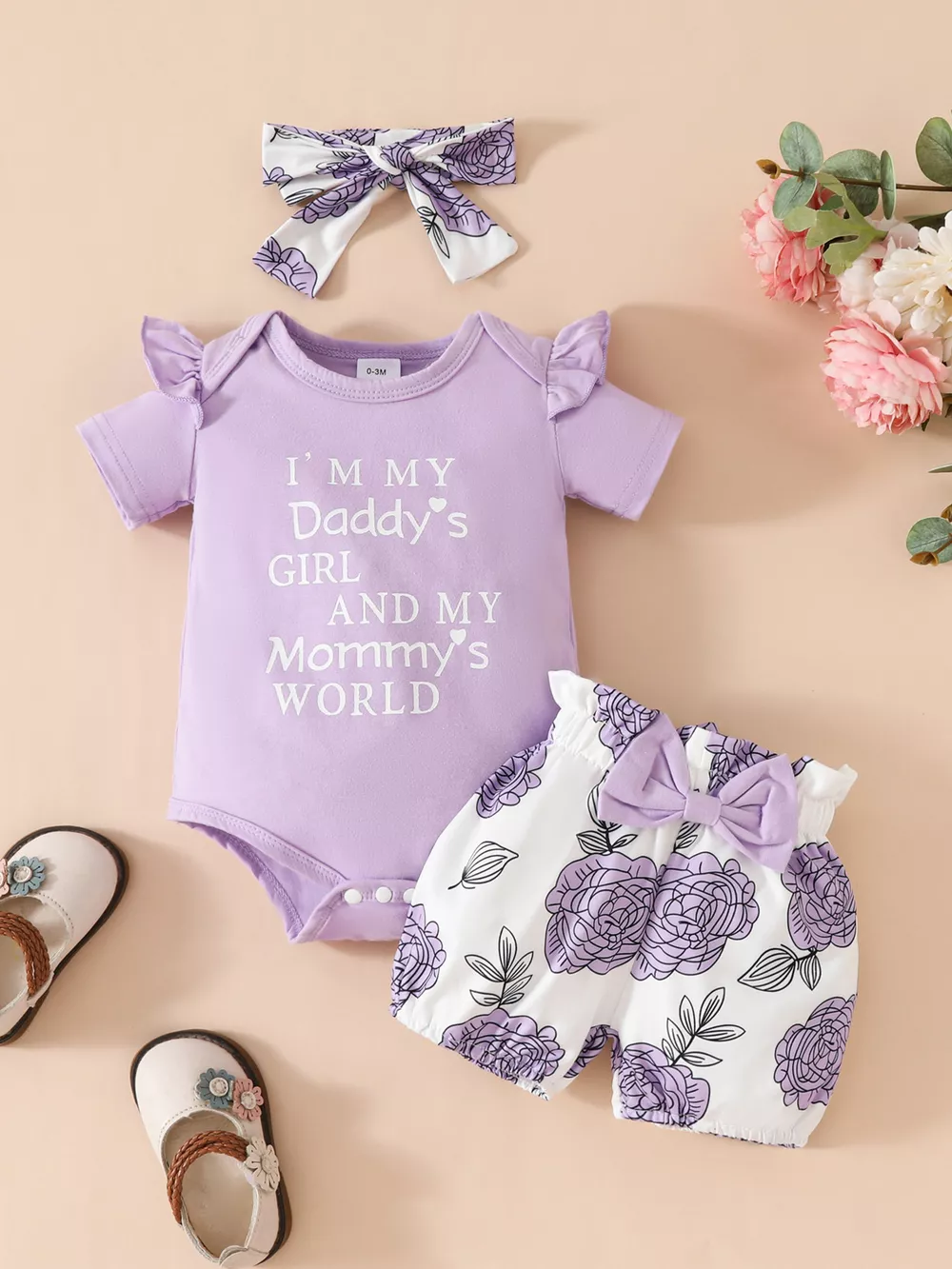 Children's Ruffled Bodysuit and Floral Shorts Set with Headband, image 9