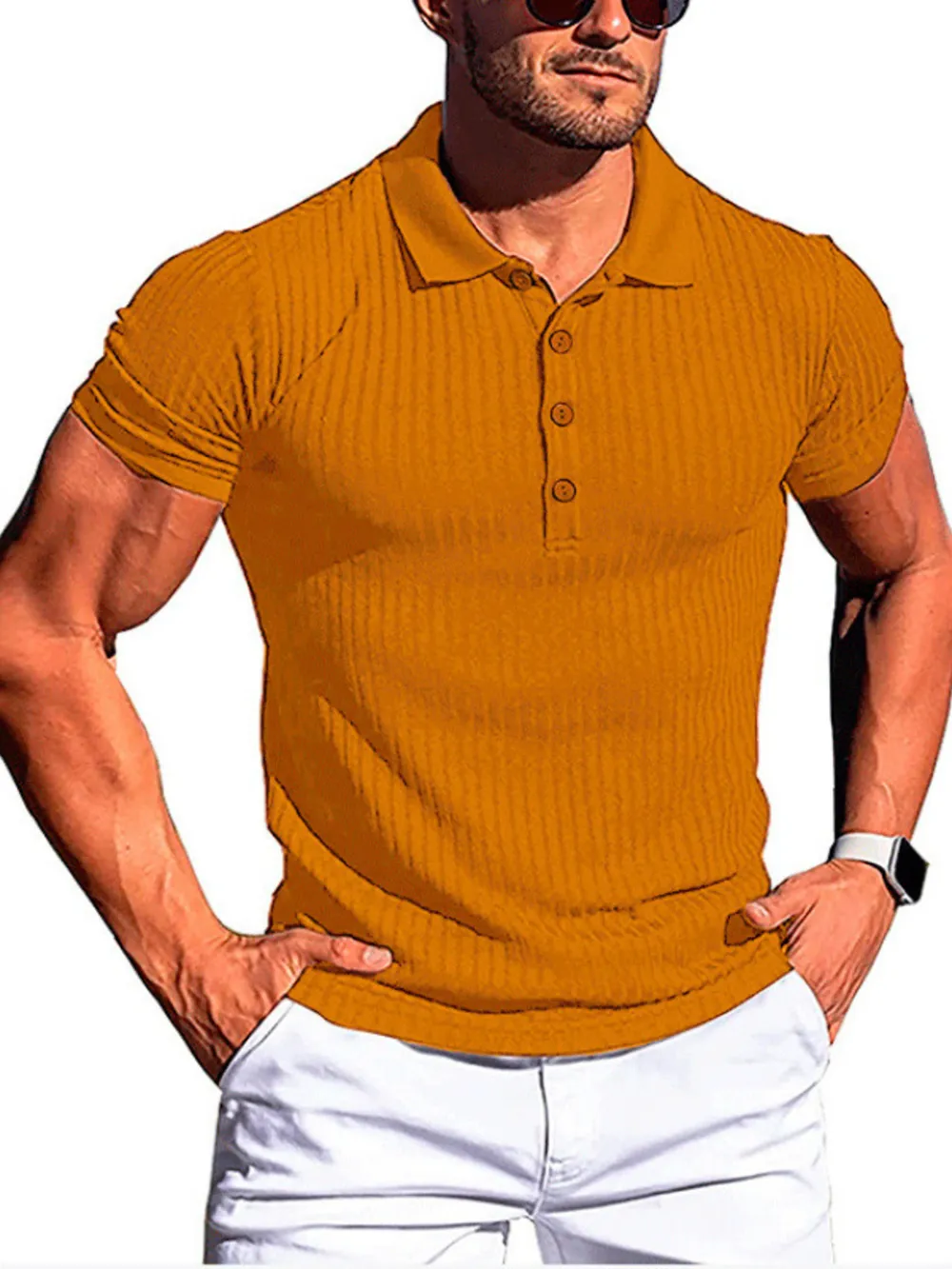 Men's Full Size Ribbed Button Detail Short Sleeve Polo Plus Size, image 8