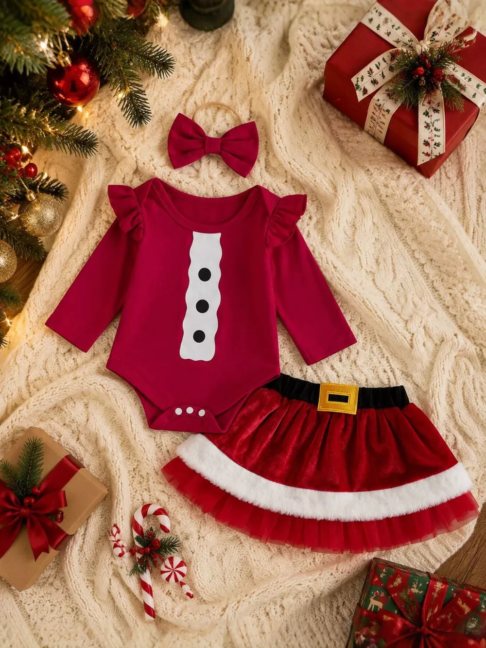 Children's Christmas Long Sleeve Bodysuit and Skirt Set with Bow Headband, image 2