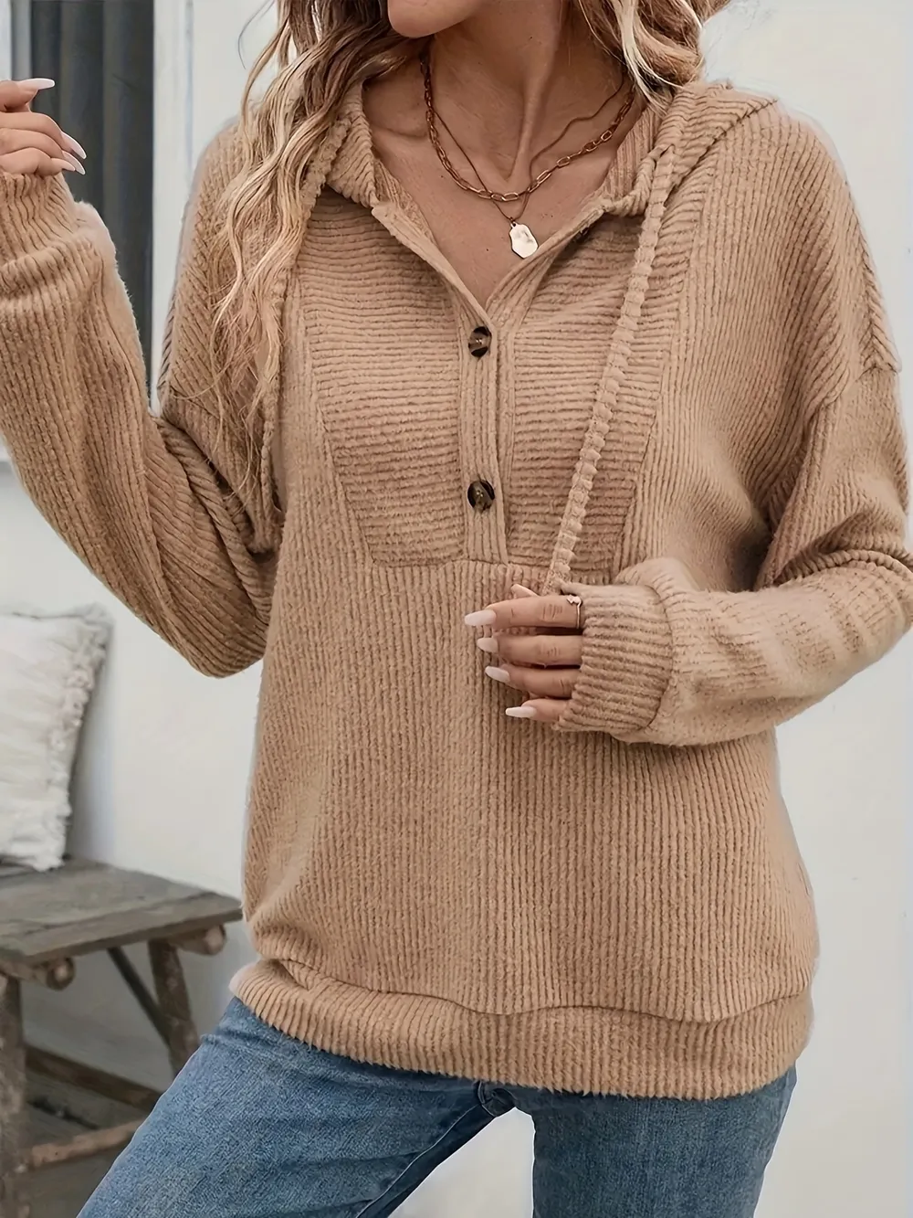 Drawstring Button Front Hoodie, image 4