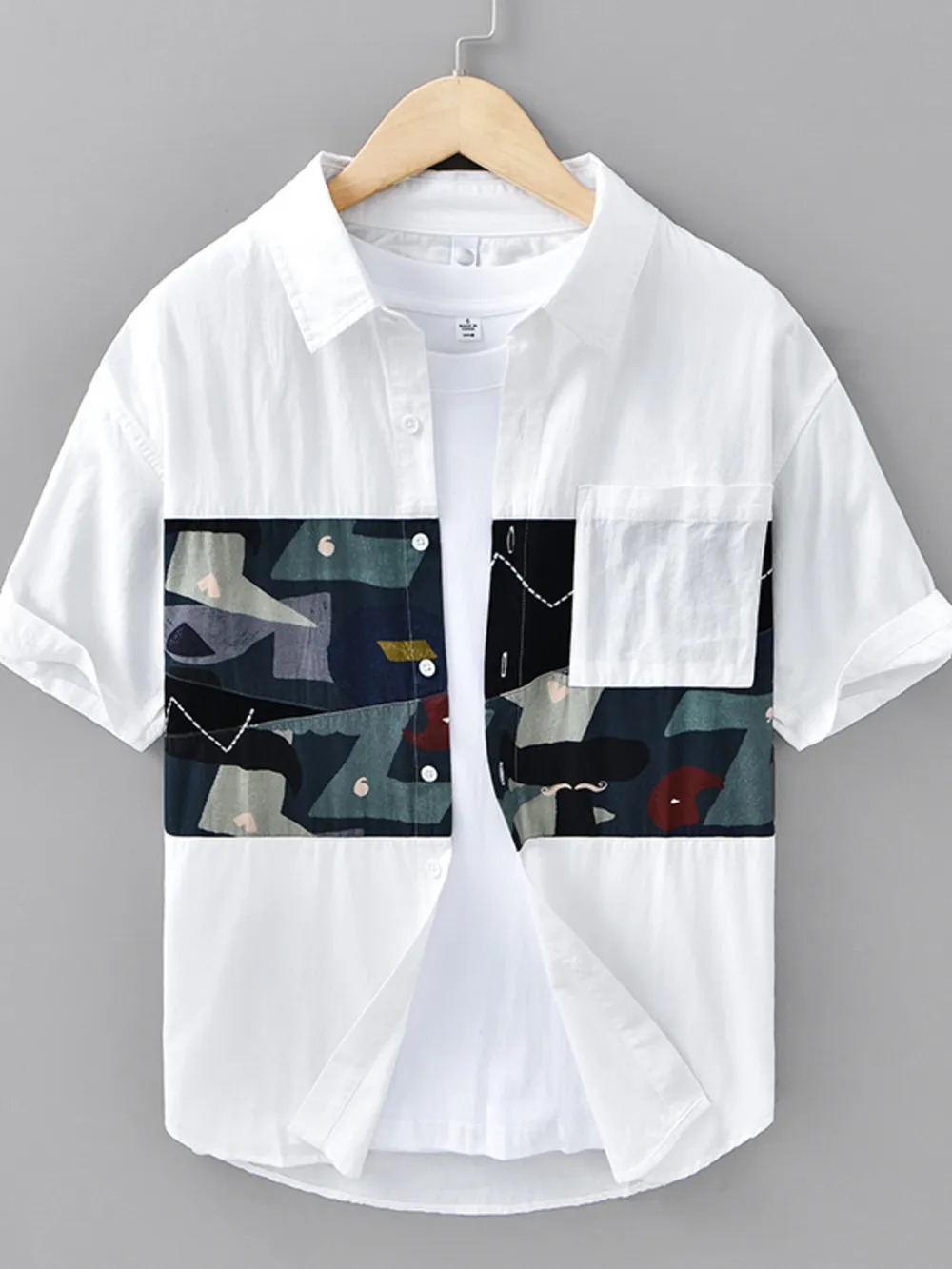 Men's Plus Size Abstract Patchwork Short Sleeve Shirt, image 4