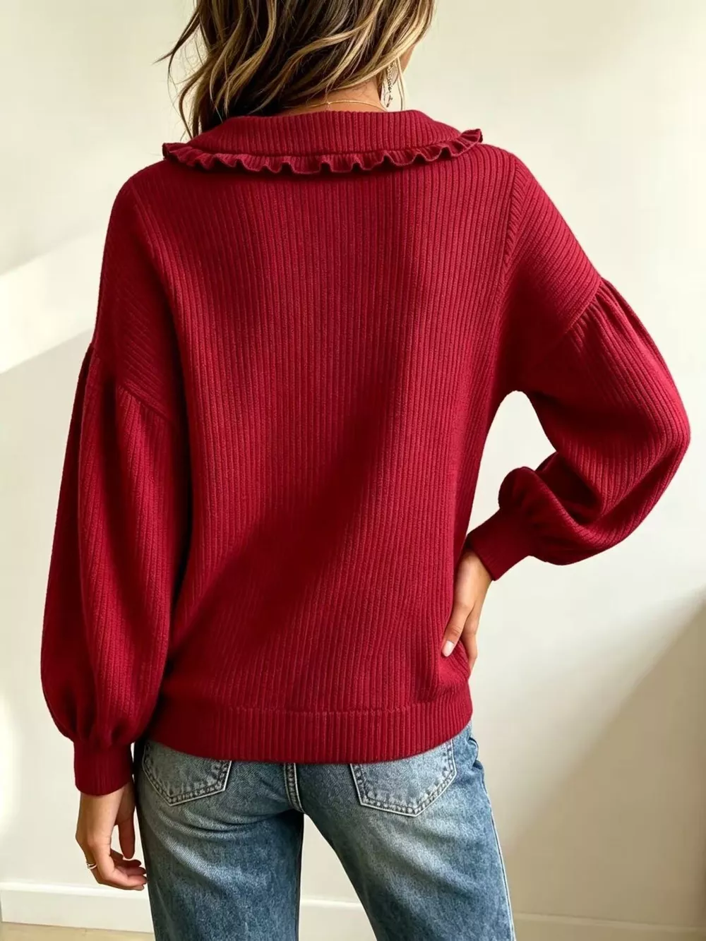 Full Size Ruffle Collar Button Detail Sweater Plus Size, image 13