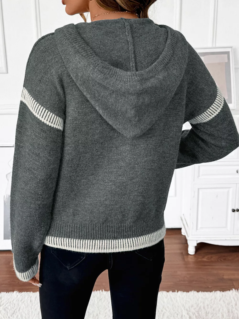 Contrast Trim Quarter Zip Hooded Sweater, image 6