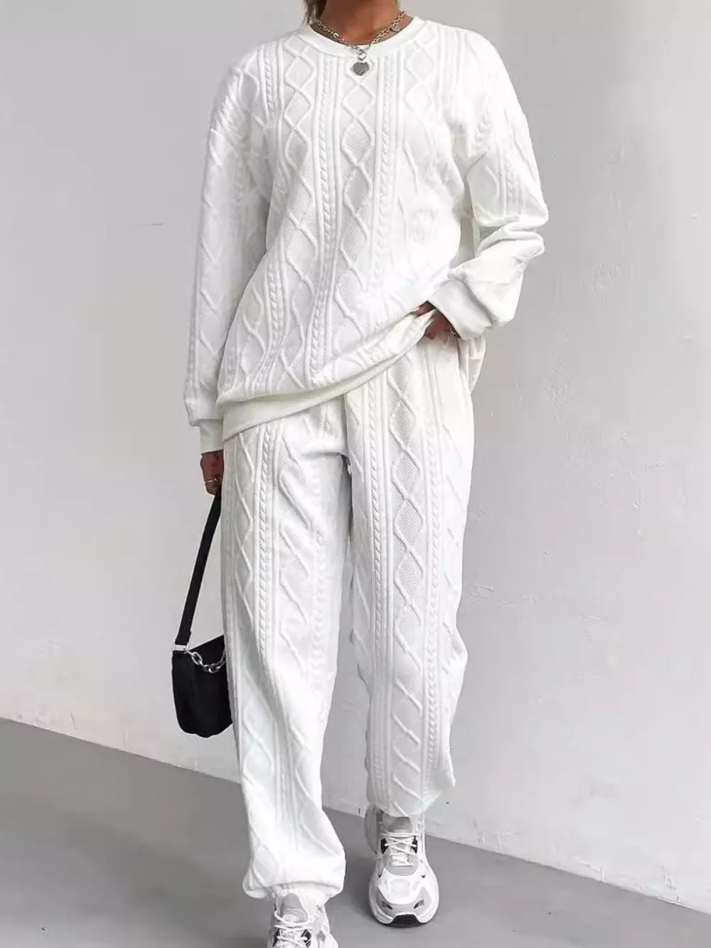 Texture Round Neck Top and Pants Set, image 2
