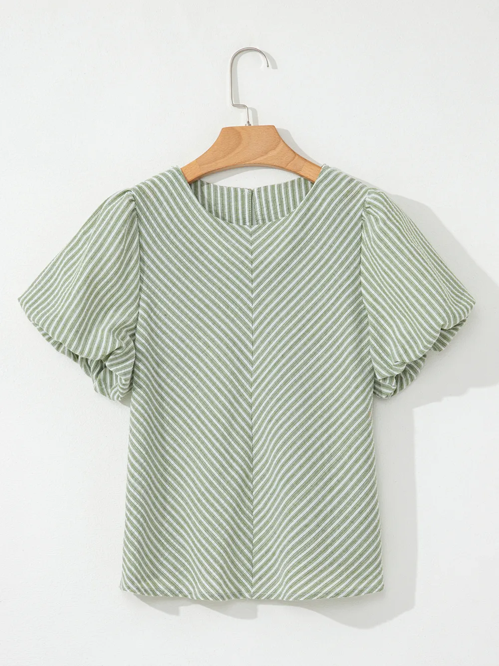 Stripe Textured Round Neck Short Puff Sleeve Blouse, image 4