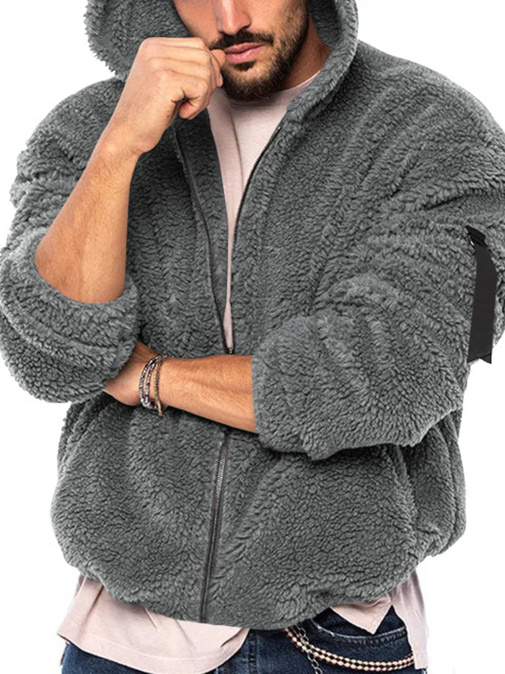Men's Full Size Sherpa Fleece Hooded Zip-Up Jacket Plus Size, image 2