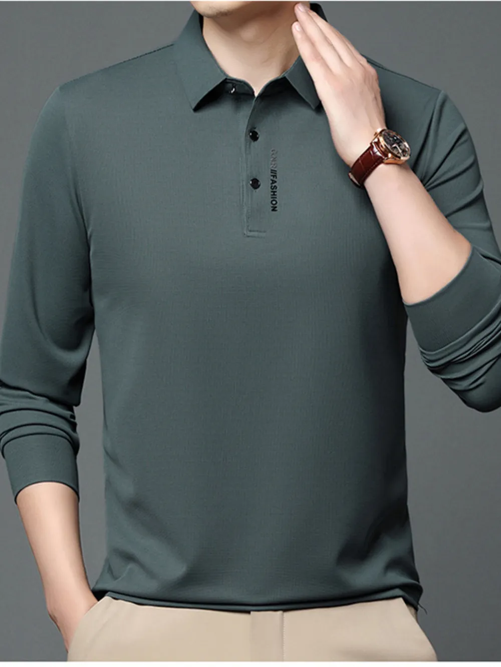 Men's Plus Size Long Sleeve Casual Polo with Classic Collar