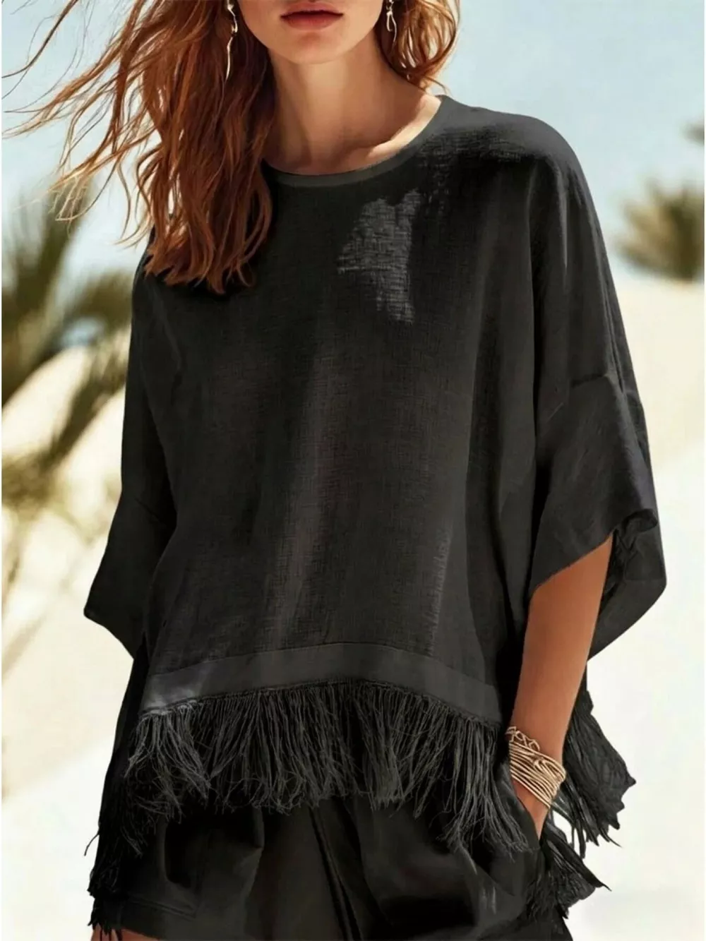 Fringed 3/4 Sleeve Blouse, image 5