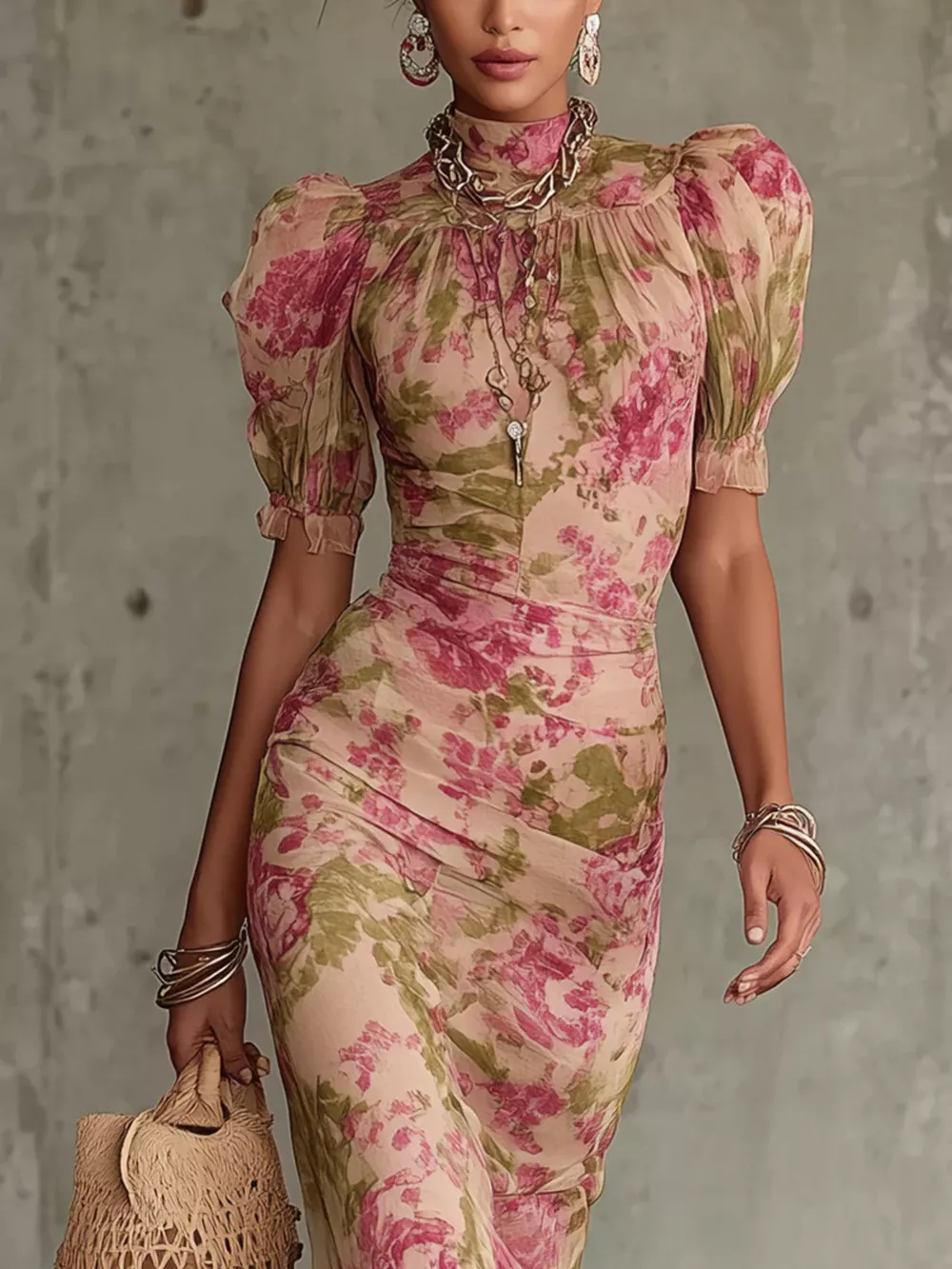Floral Print High-Neck Puff Sleeve Ruffle Hem Maxi Dress, image 2
