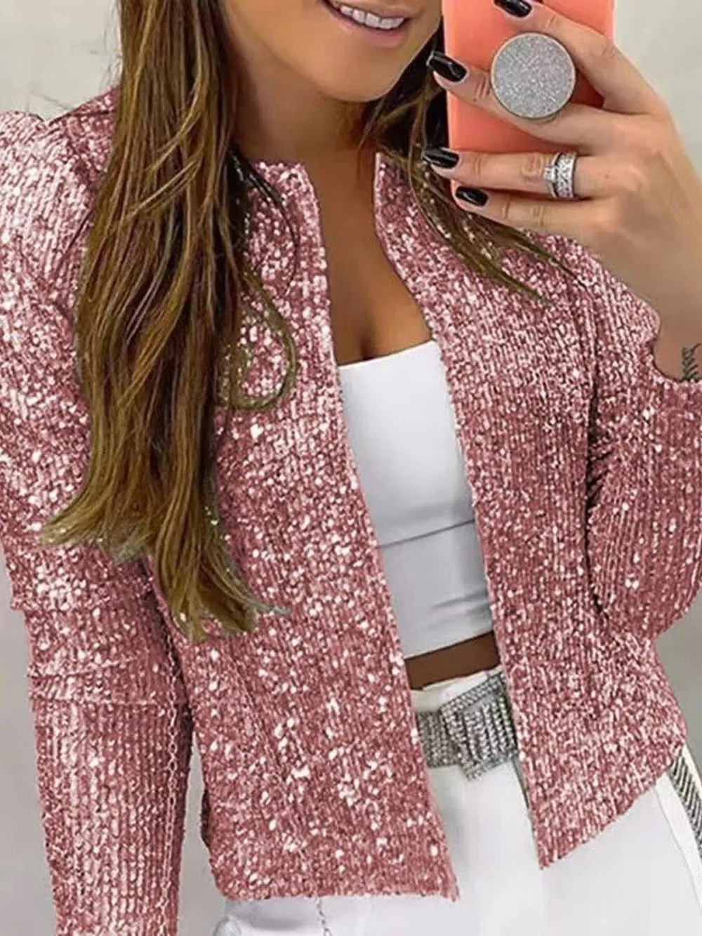 Full Size Sequin Long Sleeve Jacket Plus Size, image 16