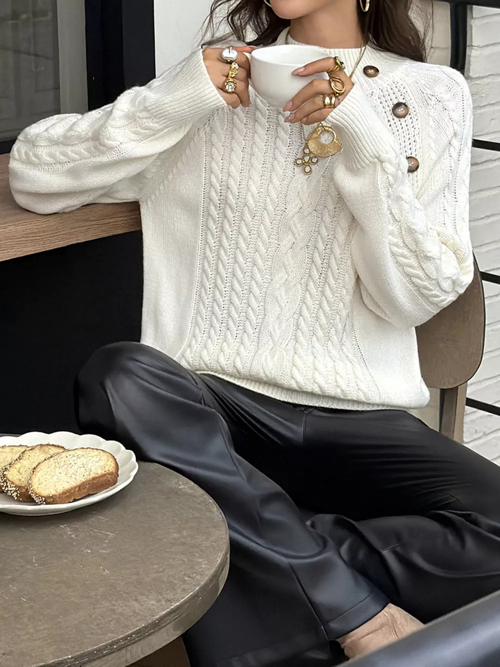 Mock Neck Cable-Knit Sweater, image 3