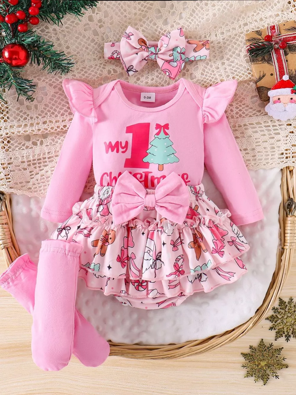 Children's Christmas Ruffled Long Sleeve Top and Skirt Set with Headband, image 10