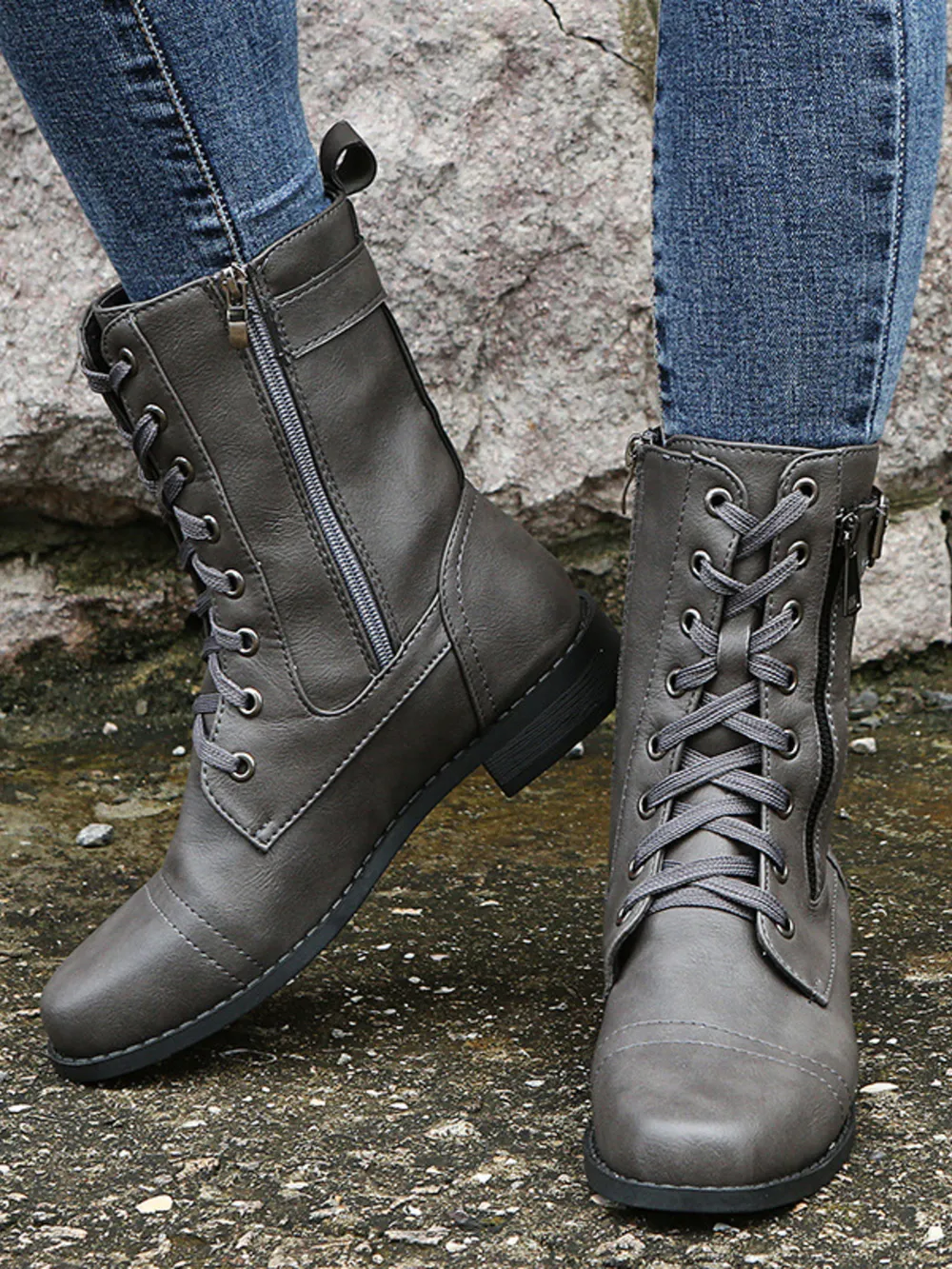 Lace-Up Boots with Side Zipper, image 5