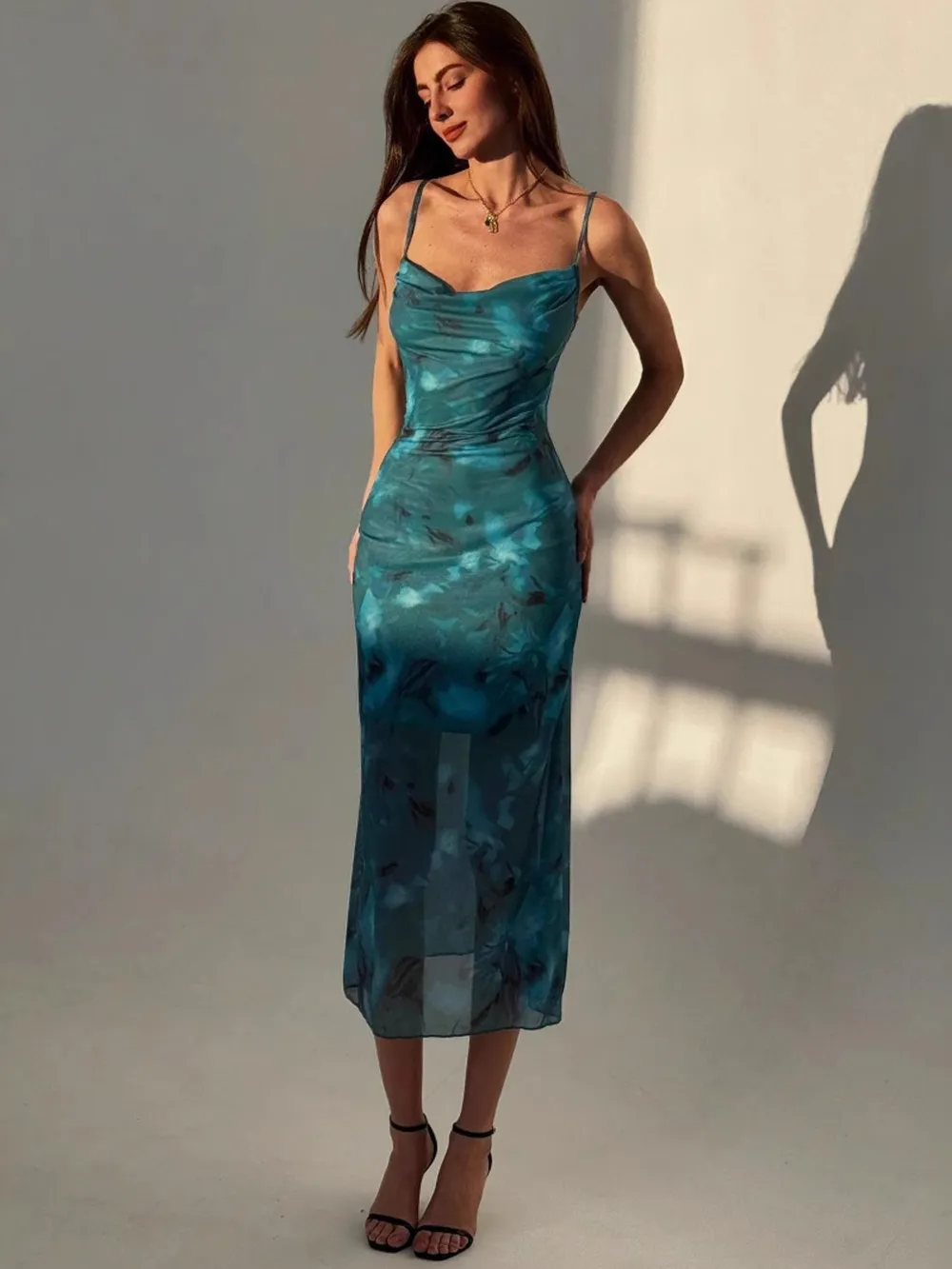 Ruched Spaghetti Strap Midi Dress, image 2