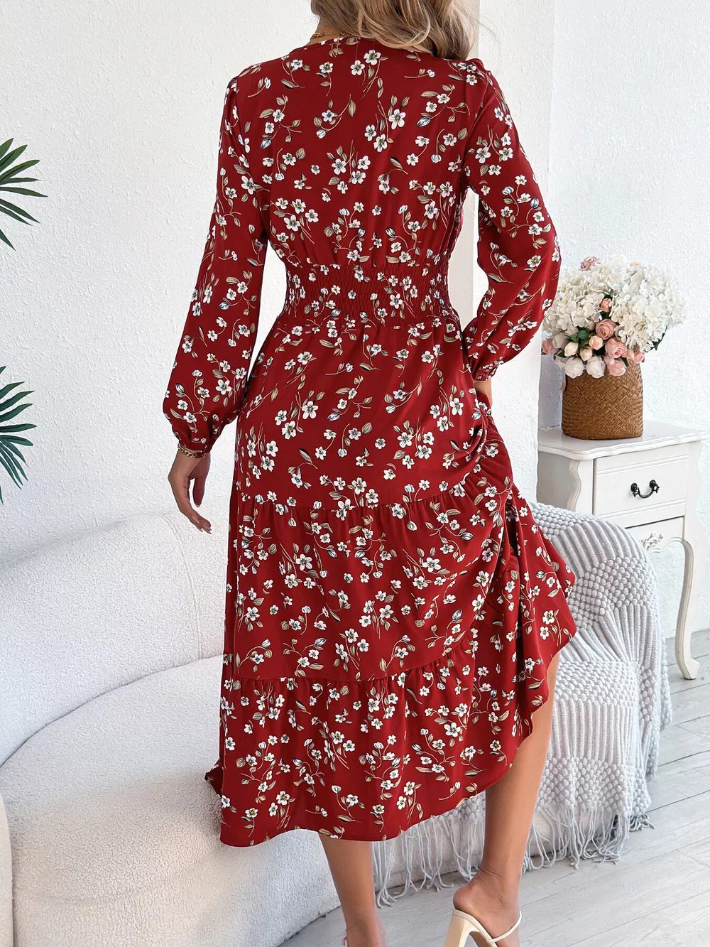 Floral Print Long Sleeve V-Neck Midi Dress, image 3