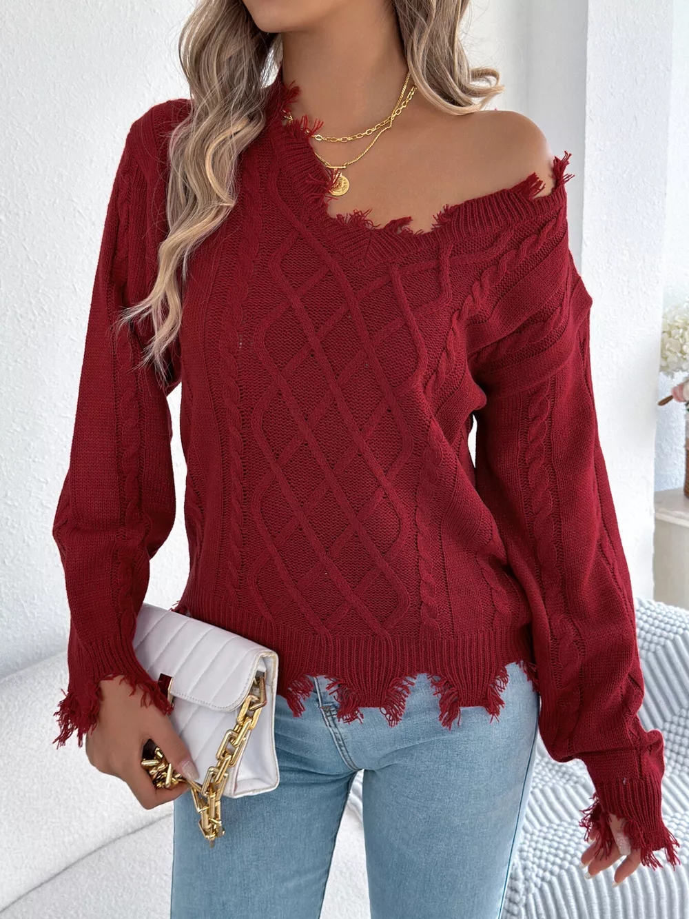 V-Neck Distressed Hem Cable Knit Sweater, image 16