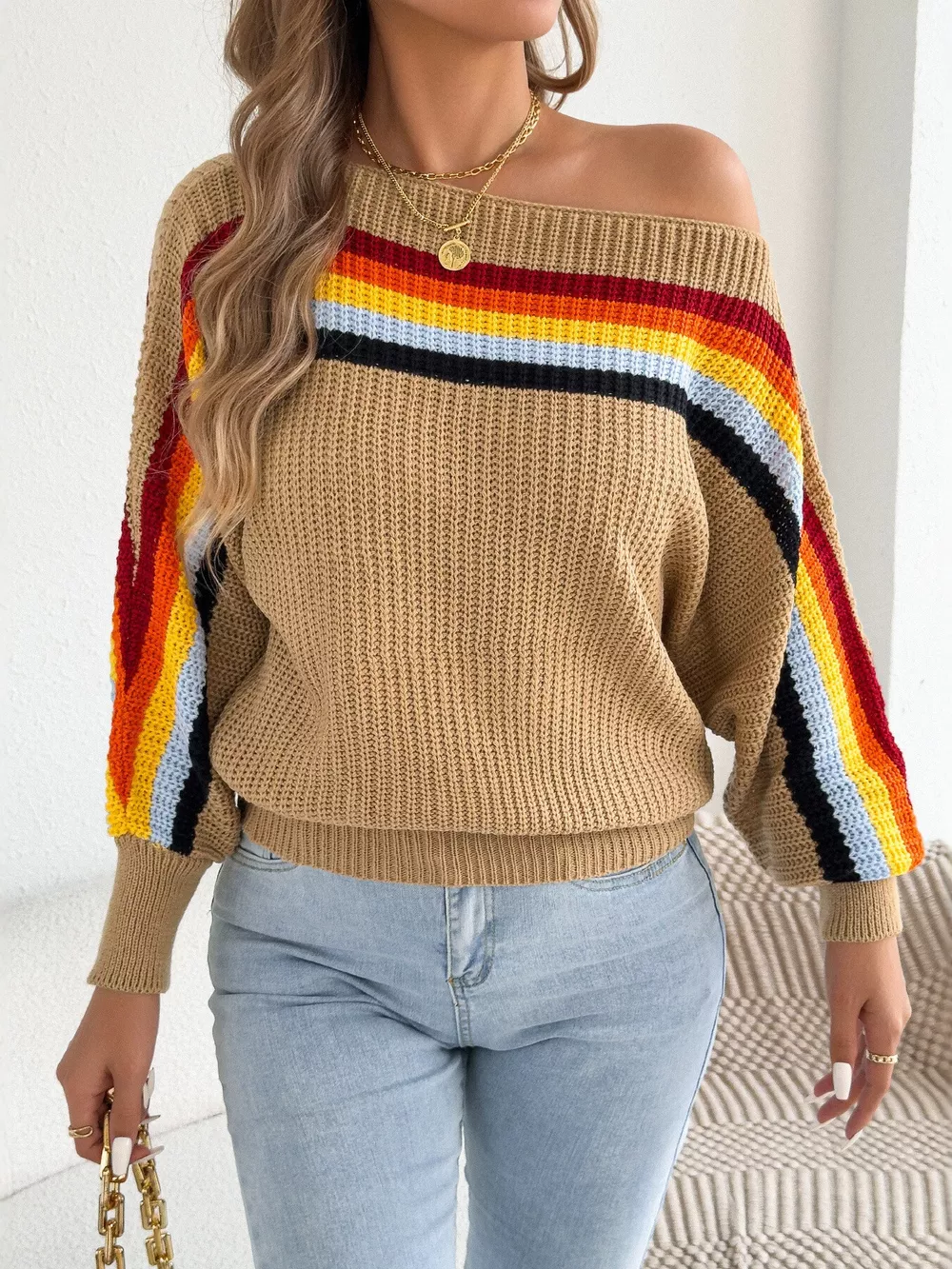 Striped Knit Boat Neck Sweater, image 8