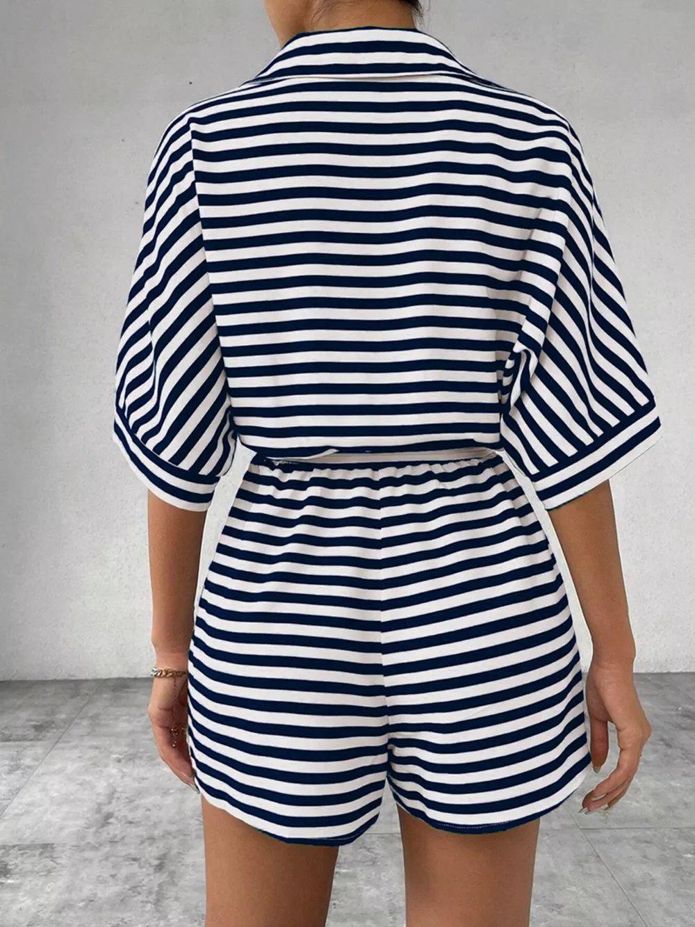Striped Button Front Half Sleeve Romper, image 10