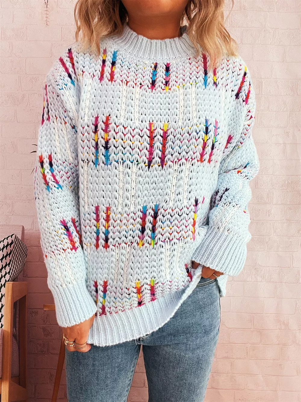 Colorful Round Neck Long Sleeve Sweater, image 10