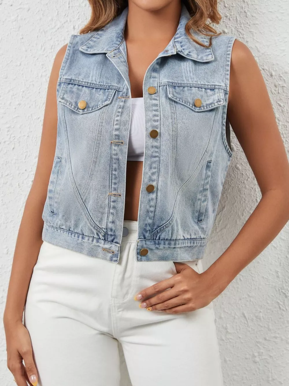 Sleeveless Button Up Denim Jacket, image 2
