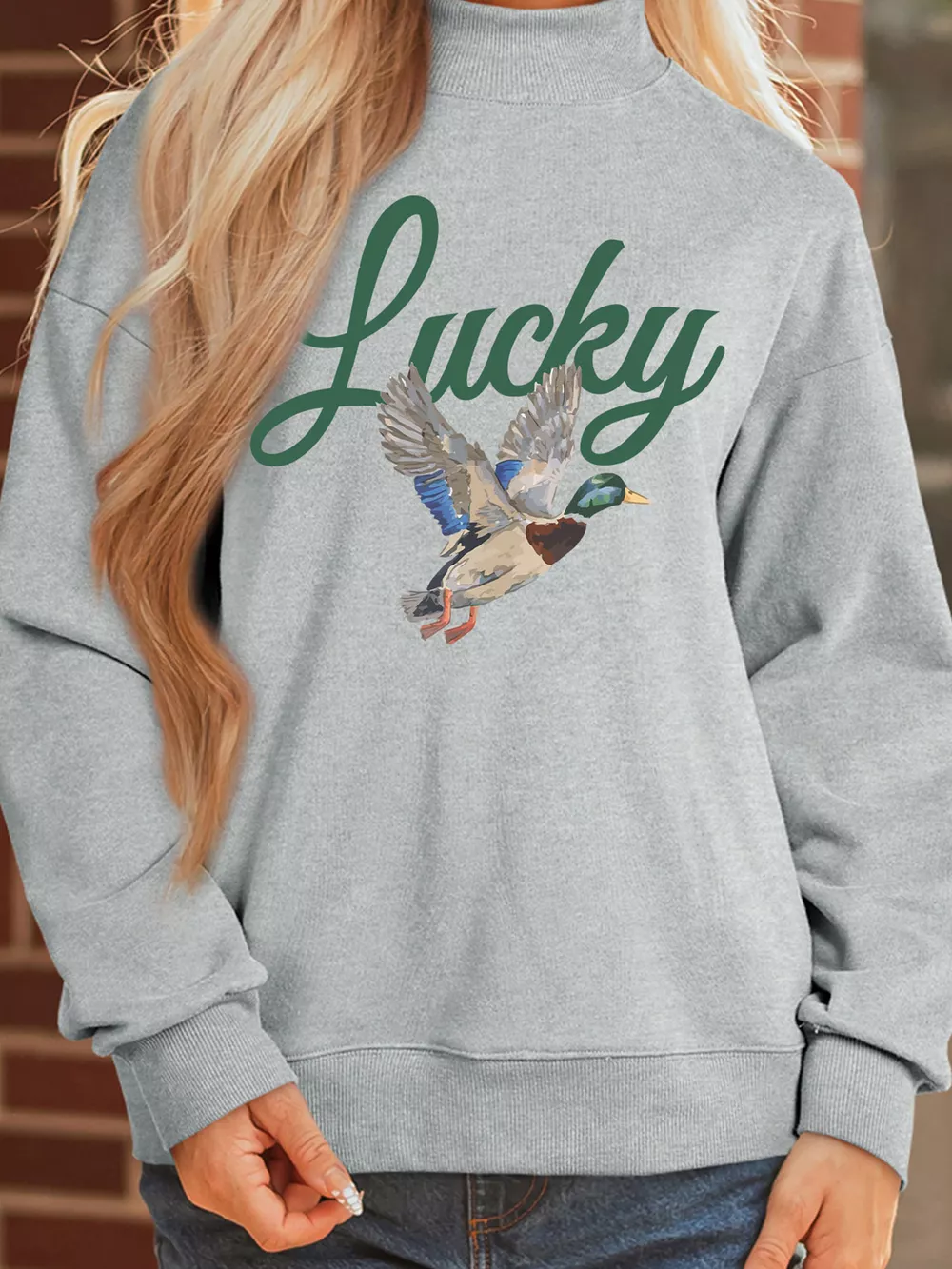 Lucky Mallard Print Mock Neck Casual Pullover Sweatshirt, image 5
