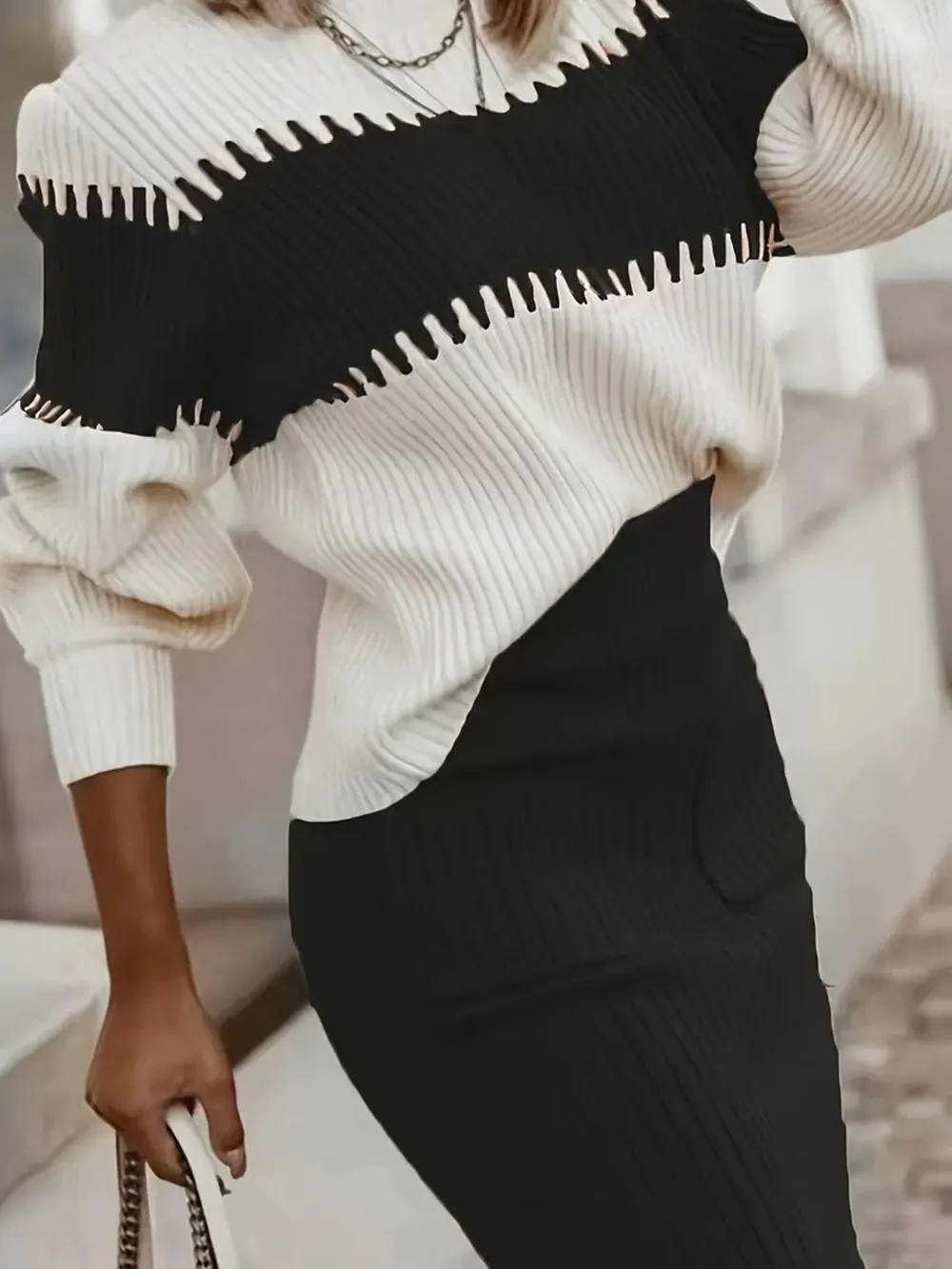 Two-Tone Ribbed Knit Top and Skirt Sweater Set, image 4