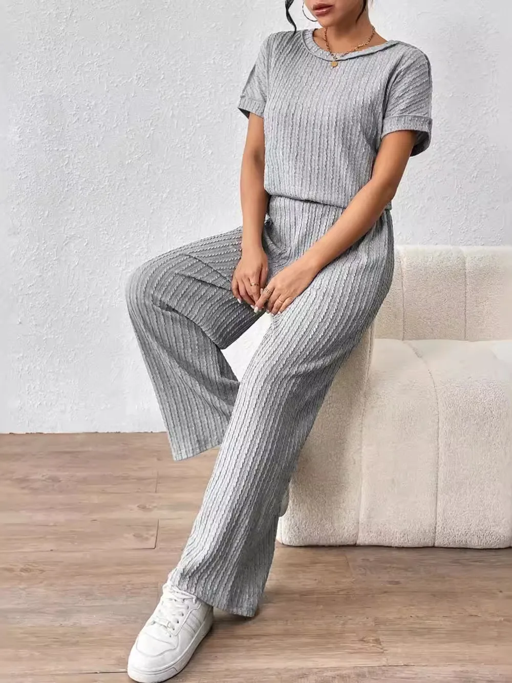Round Neck Short Sleeve Top and Pants Set, image 6
