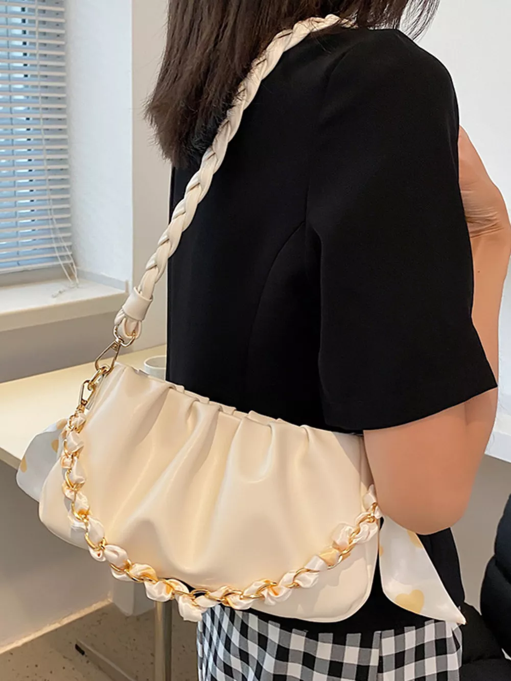 Ruched Braided Handle Shoulder Bag, image 7