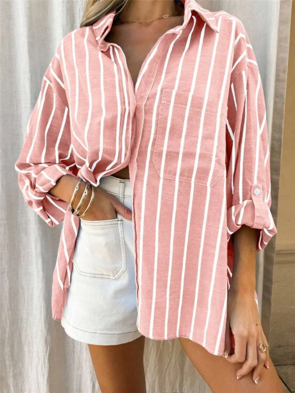 Striped Button-Up Shirt with Chest Pocket, image 10