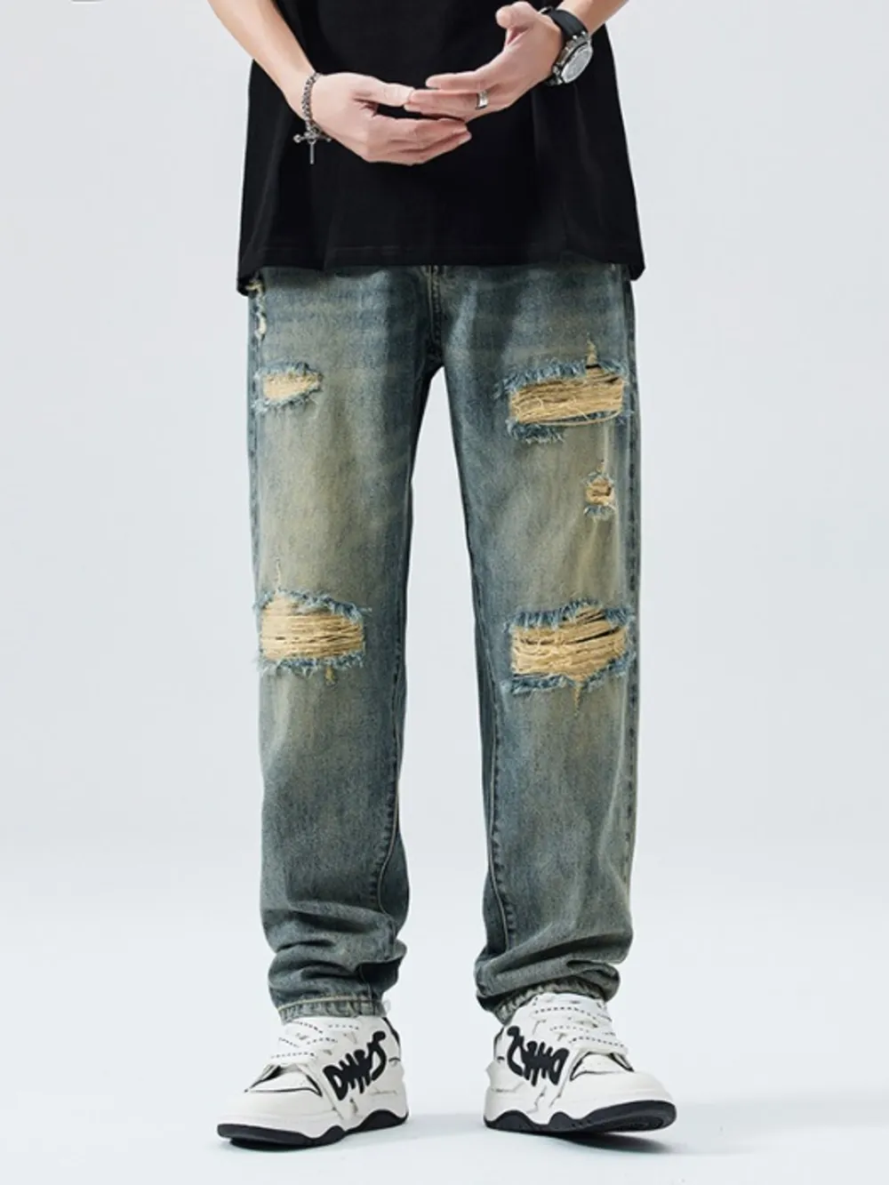 Men's Distressed Wide Leg Relaxed Fit Jeans