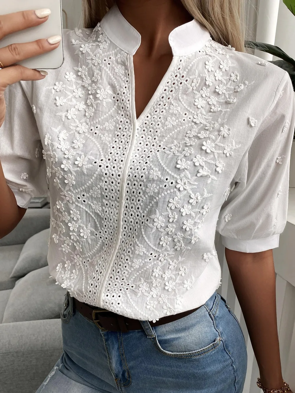Embroidered Eyelet Notched Half Sleeve Blouse