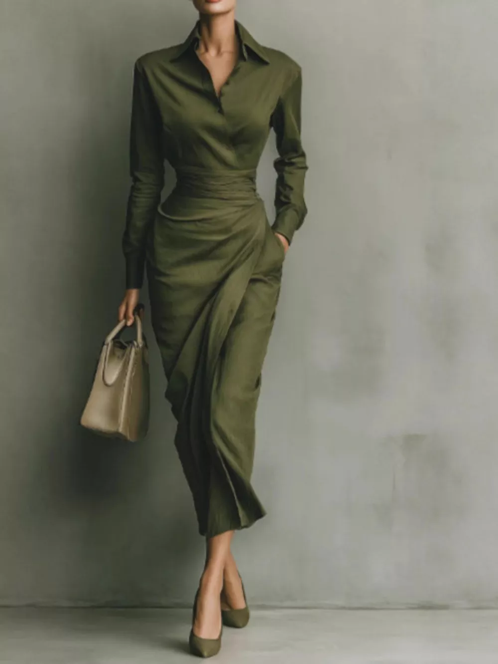 Long-Sleeve Wrap Midi Shirt Dress