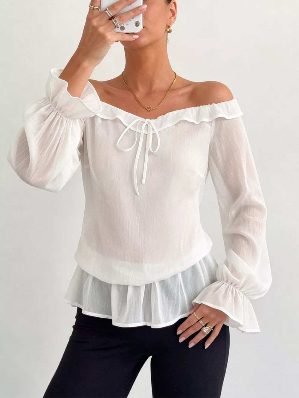 Off-Shoulder Flounce Sleeve Chiffon Blouse, image 6