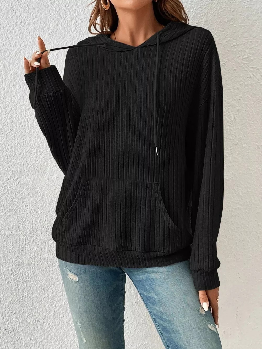 Casual Ribbed Knit Drawstring Hoodie, image 6