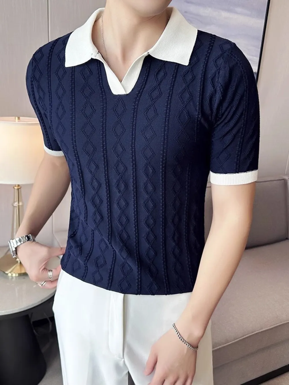 Men's Full Size Contrast Collar Short Sleeve Knit Polo Plus Size, image 3