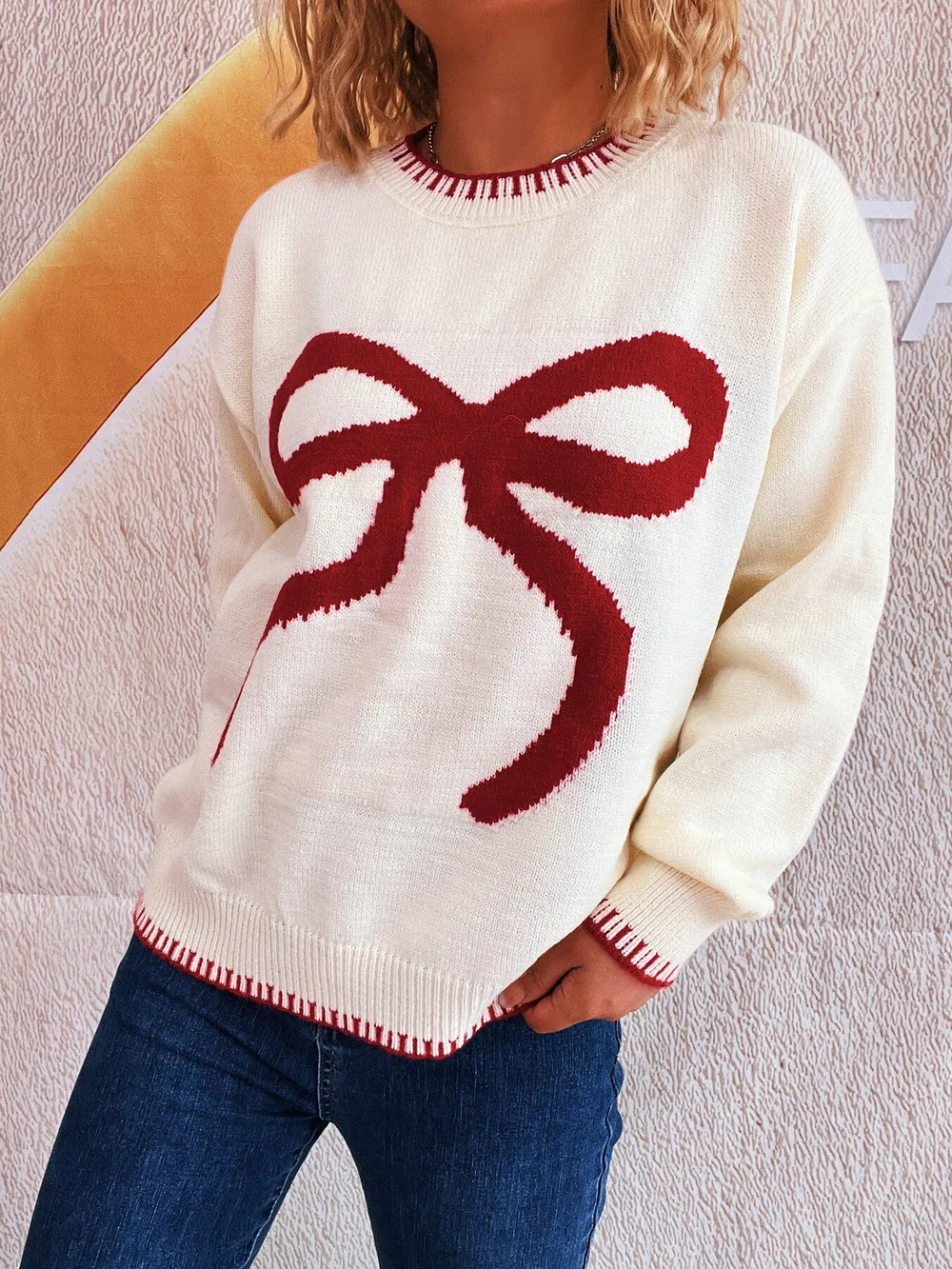 Bow Pattern Round Neck Sweater, image 2