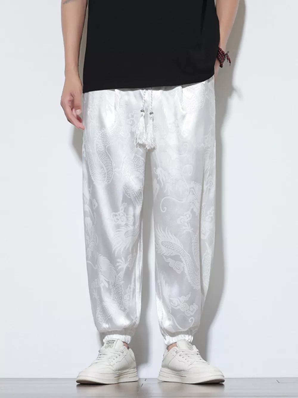 Men's Plus Size Dragon Pattern Silk Joggers, image 2