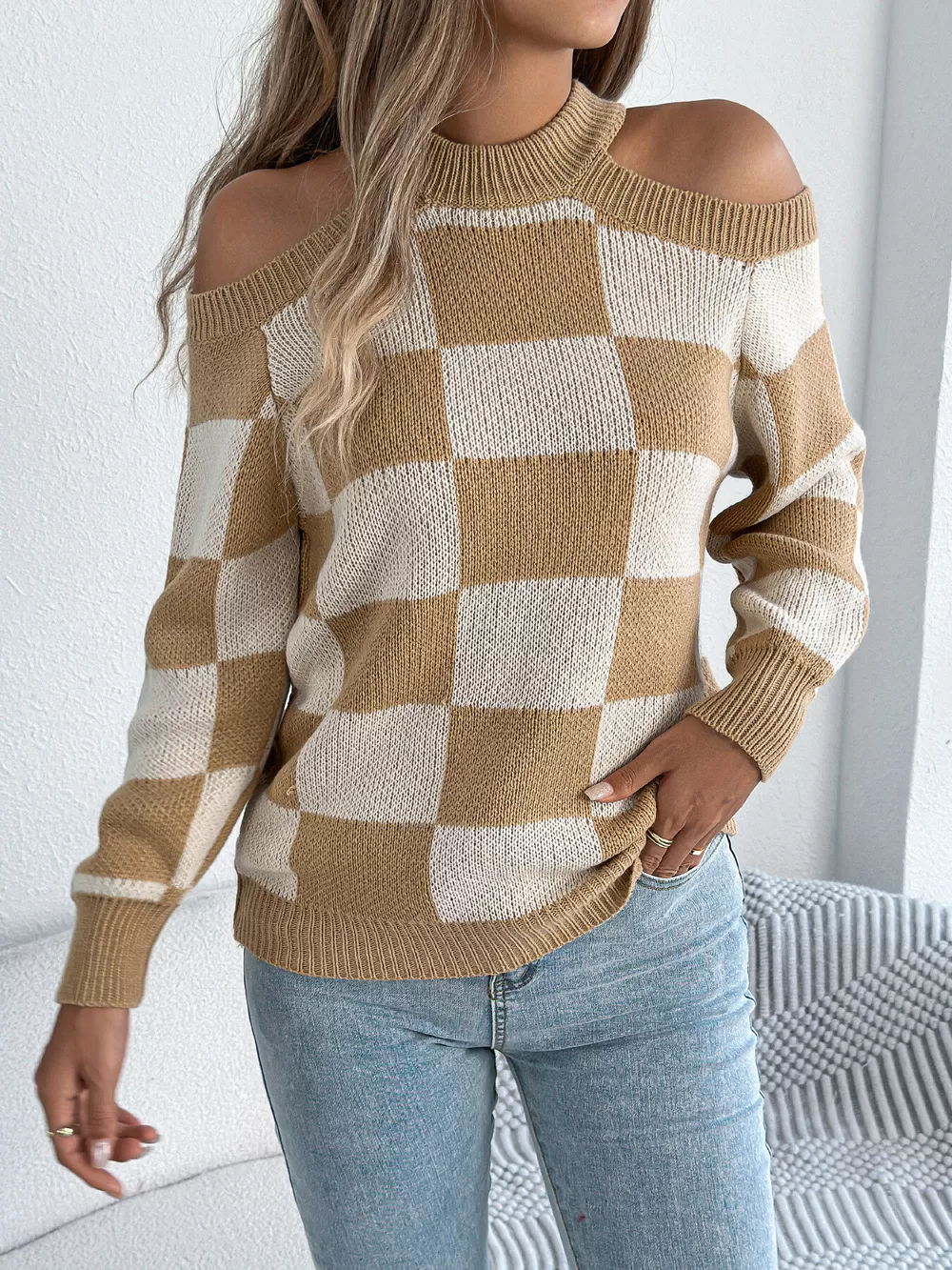Cold Shoulder Checkered Long Sleeve Sweater, image 2