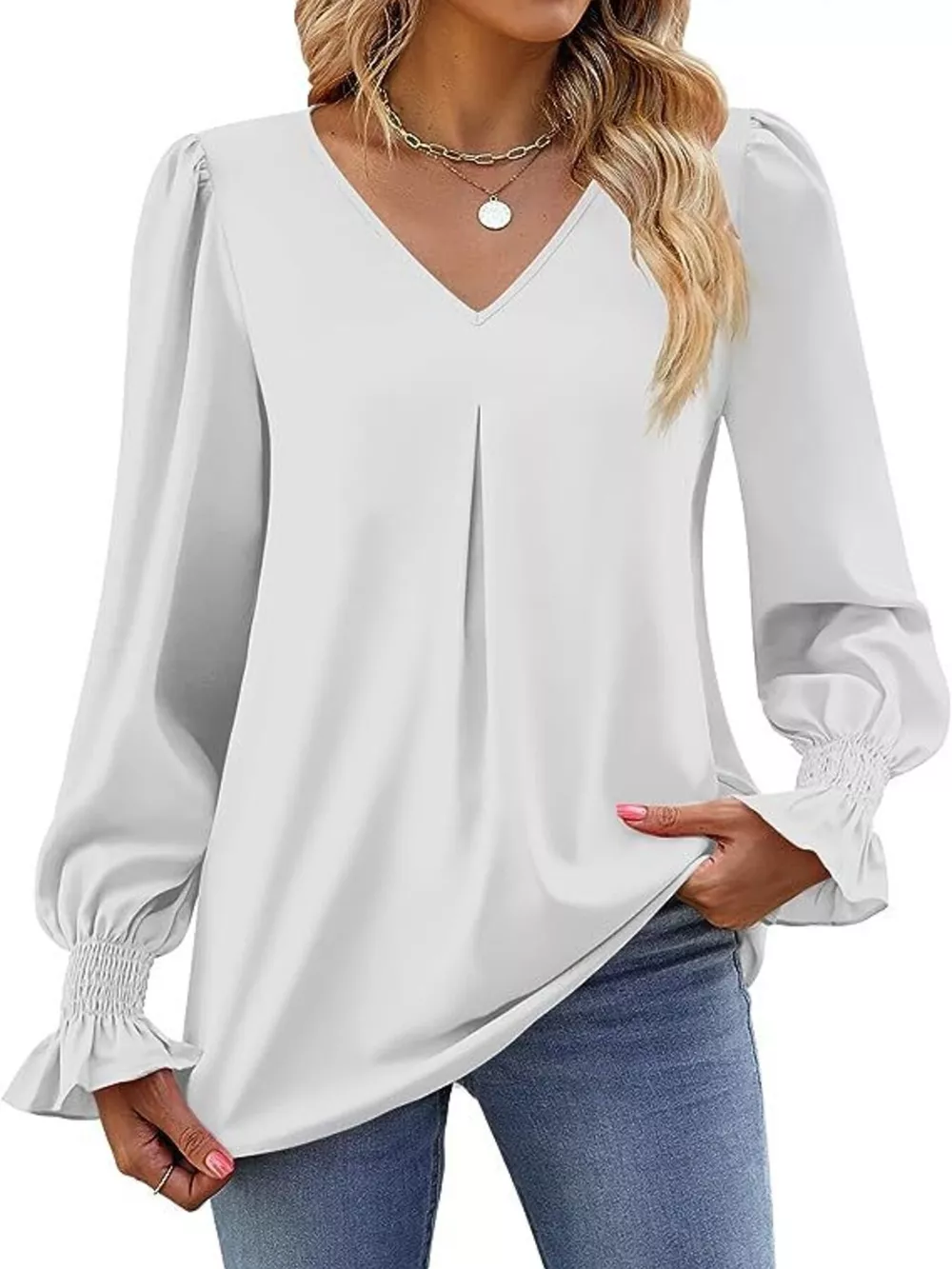 V-Neck Long Sleeve Ruffle Cuff Blouse, image 14