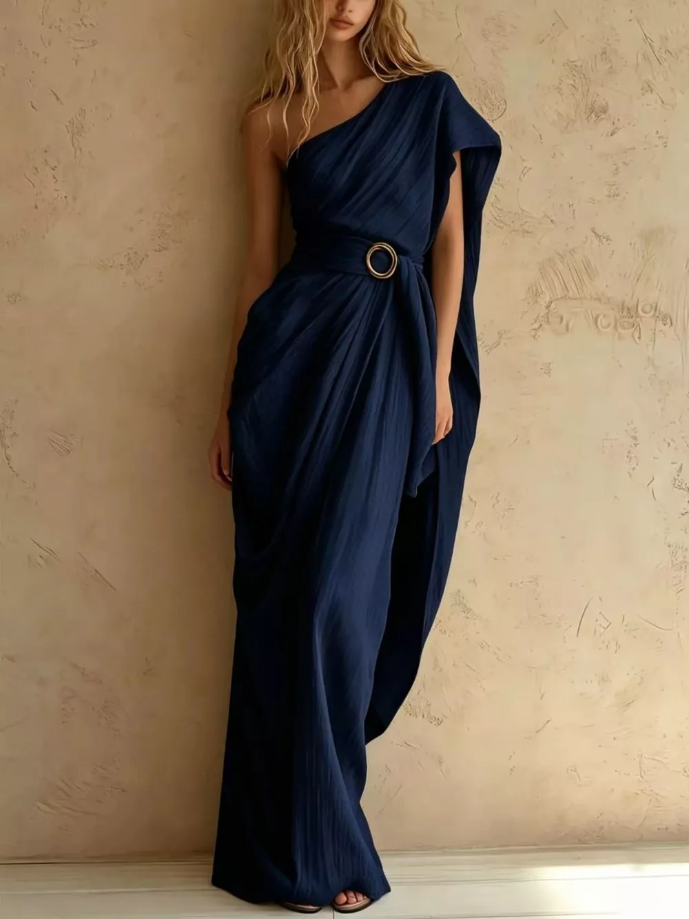 One-Shoulder Draped Maxi Dress with Waist Buckle, image 9