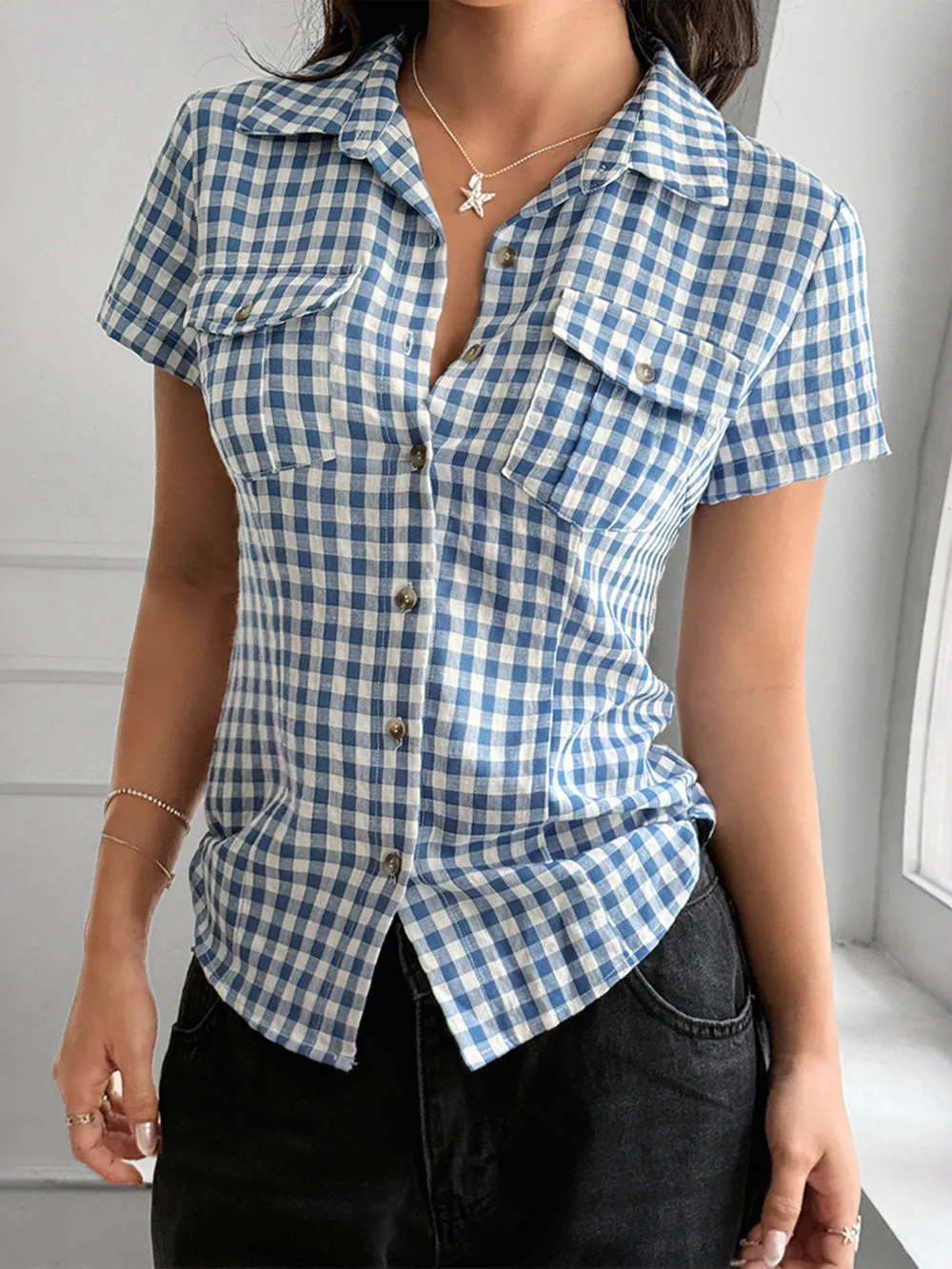 Gingham Check Short Sleeve Button-Up Shirt, image 3