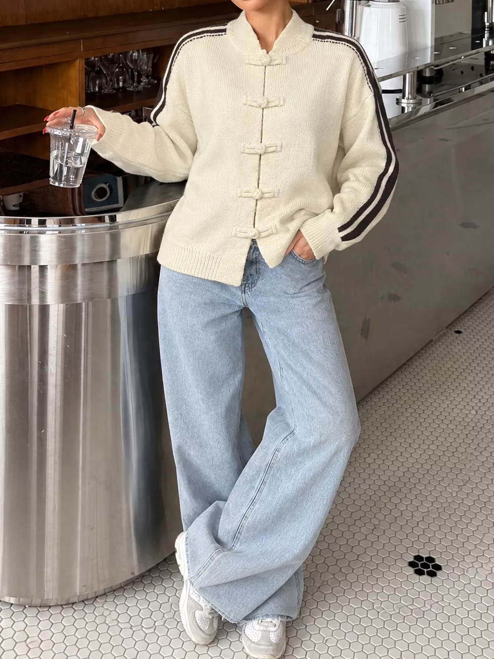 Chinese Knot Button Cardigan with Contrast Side Stripes, image 5