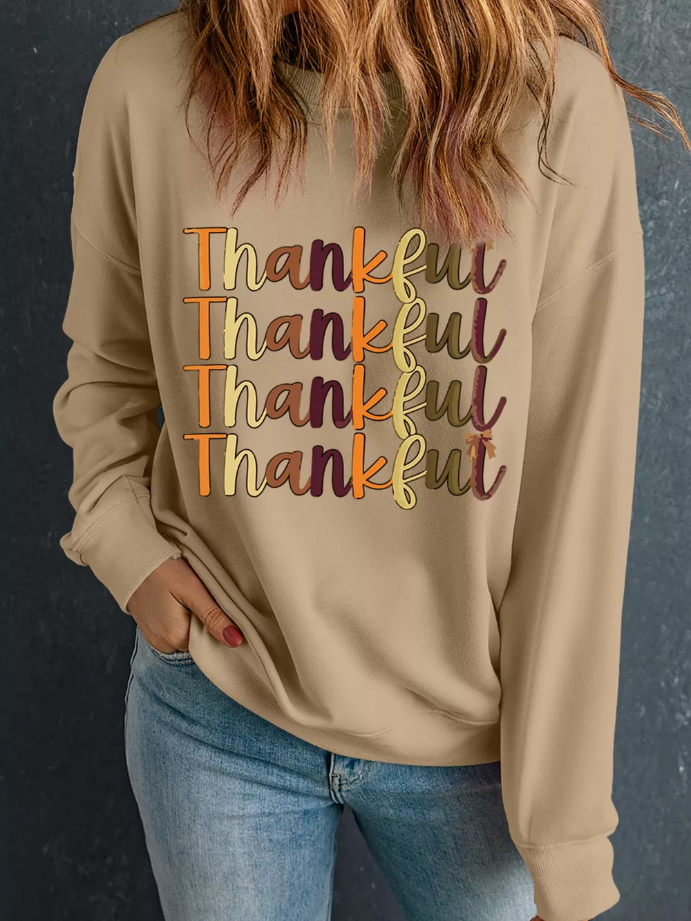 Thankful Repeated Print Drop Shoulder Sweatshirt, image 2