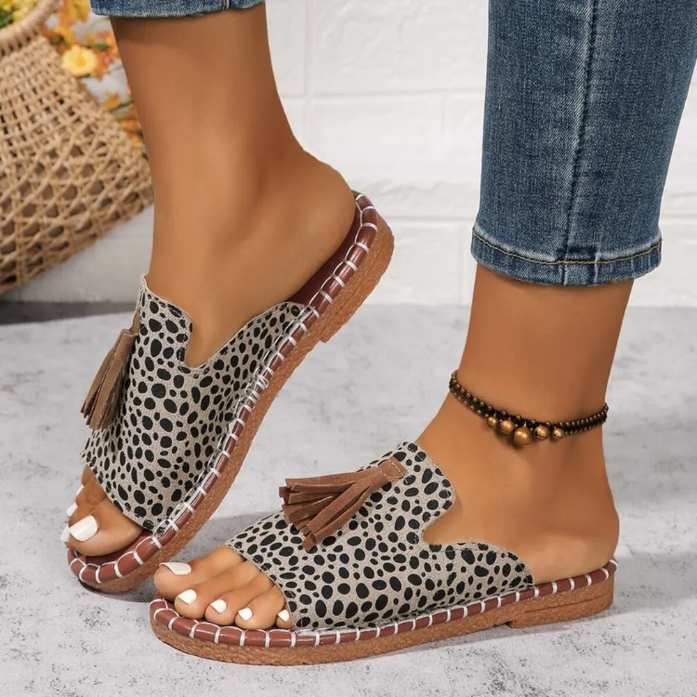 Leopard Print Tassel Flat Sandals, image 4